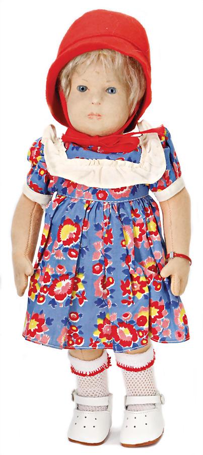 STEIFF doll, around 1940, felt-pressed head, soft body,: STEIFF doll, around 1940, felt-pressed head, soft body, jointed legs, swing arms, glass eyes, plush wig, dress was over sewed, felt cap, and shoes and socks are more recent, probably original vest, 25