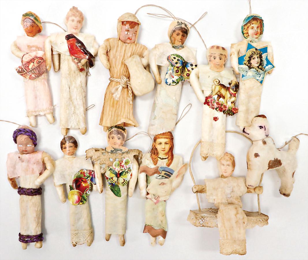 Christbaumschmuck, 12 Teile Watte mit Kreppkleidung,: Christbaumschmuck, 12 Teile Watte mit Kreppkleidung, Oblaten-Gesicht, Alter?, 1 kl. Watte-Hund