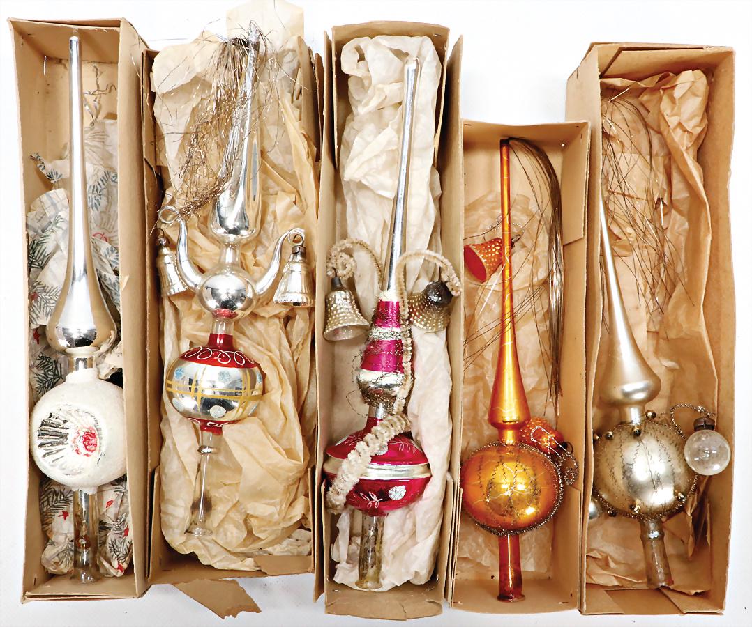 Christbaumschmuck, Glas, Spitzen, 27-31 cm, 5 Teile, im: Christbaumschmuck, Glas, Spitzen, 27-31 cm, 5 Teile, im Orig.-Kart.