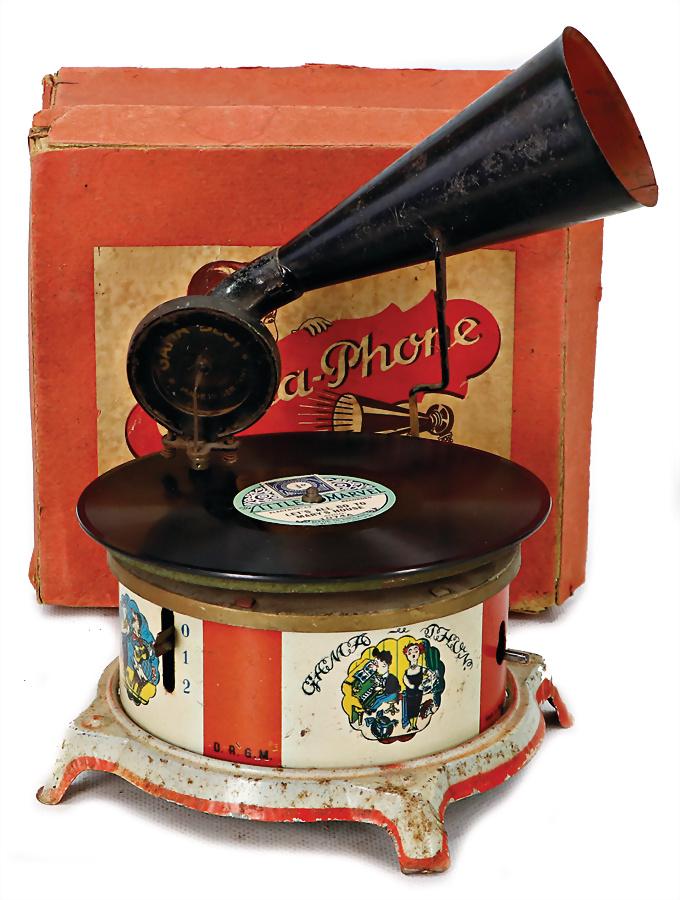 GAMA gramophone for children, sheet metal, lithographed, German, 15 cm, worn, base with a bit rust, (1 of 1)