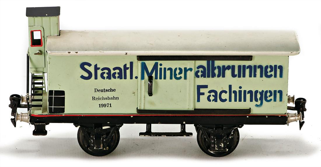MÃ„RKLIN gauge 1, mineral water carriage, German national railway, 1997-1, "Staatlicher: MÃ„RKLIN gauge 1, mineral water carriage, German national railway, 1997-1, "Staatlicher Mineralbrunnen Fachingen", light green, was colorwise slightly retouched, with minimally scratches on the pai
