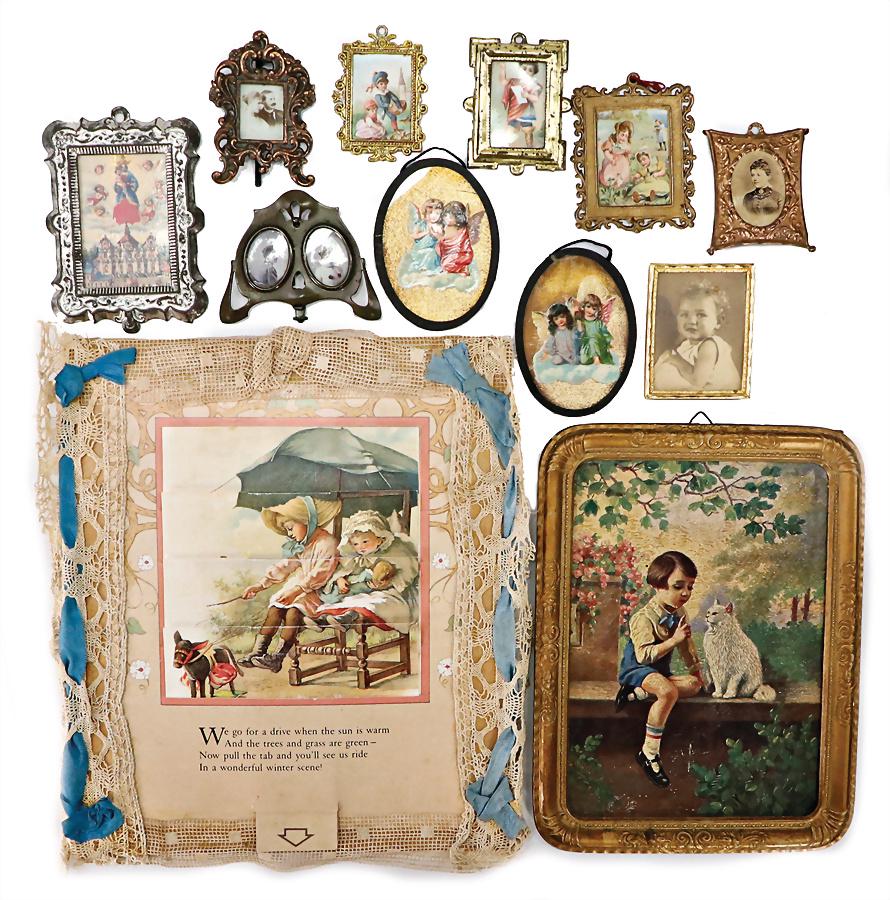 some dollhouse pictures, tin, sheet brass  and  tin frames, 6-9 cm, 1 sliding picture, small (1 of 1)