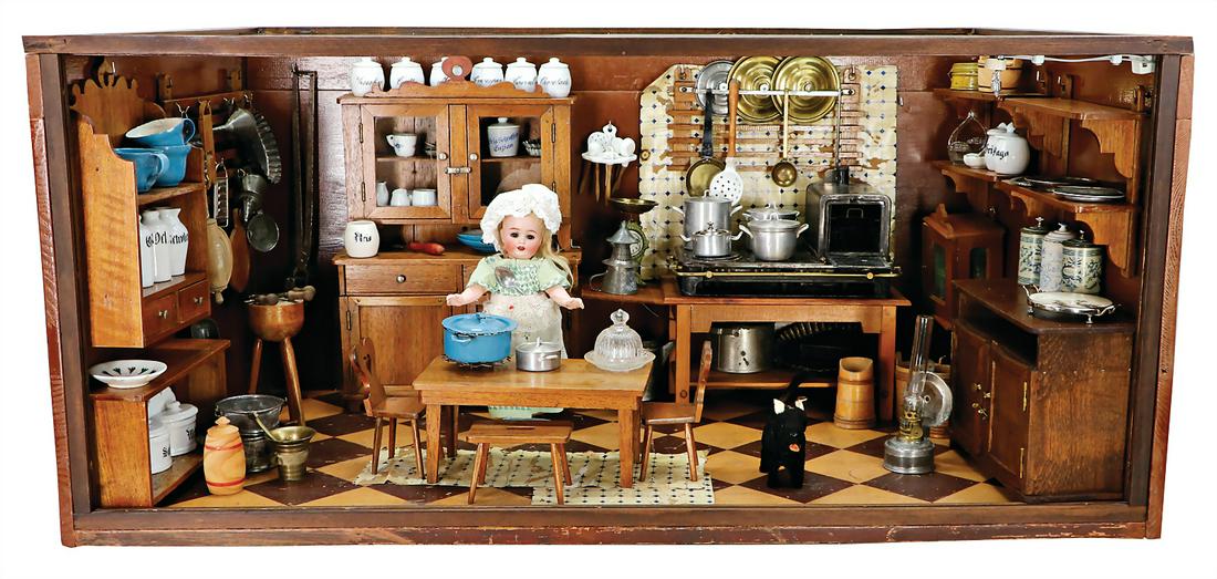 dollhouse kitchen, width: 93 cm, height: 43 cm, wood, old painting, furnished, with stove and (1 of 1)