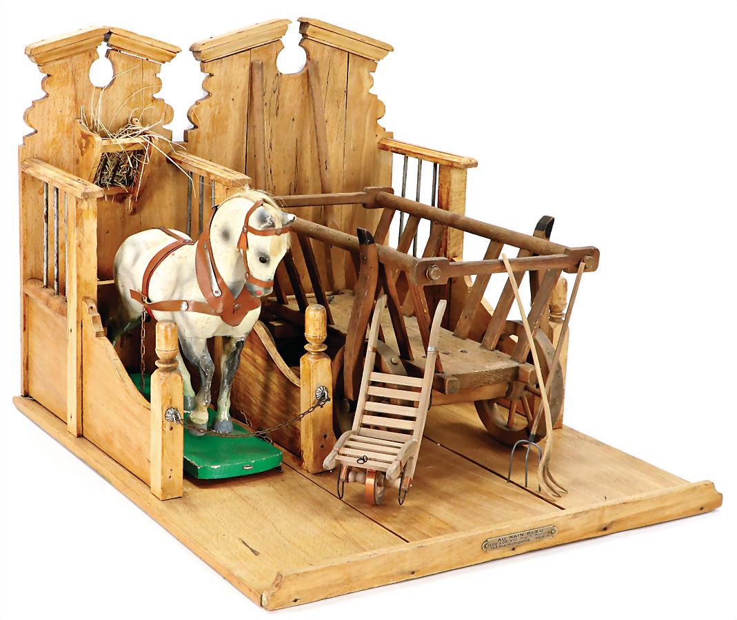 stable, France, with stencil horse, and carriage, surface area 42 x 48 cm German Description: stable, France, with stencil horse, and carriage, surface area 42 x 48 cm German Description Pferdestall, Frankreich, mit Schablonenpferd, u. Wagen, Grundplatte 42 x 48 cm