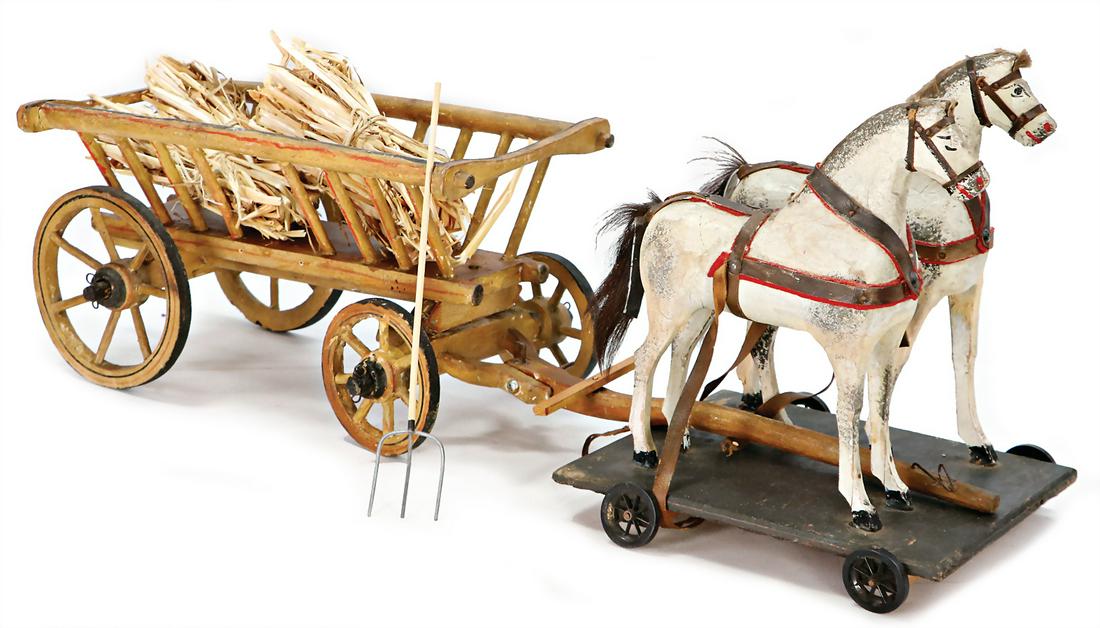 cart (haywain) with double horse, wood, height of draught horses: 27.5 cm, wheels were supplemented, (1 of 1)