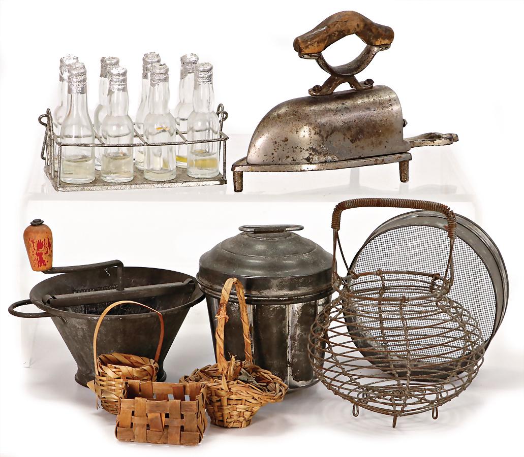 doll kitchen parts for a big kitchen, tinplate, pudding form, 11 cm, sieve with crank, edd net,: doll kitchen parts for a big kitchen, tinplate, pudding form, 11 cm, sieve with crank, edd net, bottle holder, sieve, iron, and some wicker parts German Description PuppenkÃ¼chenteile fÃ¼r gr. KÃ