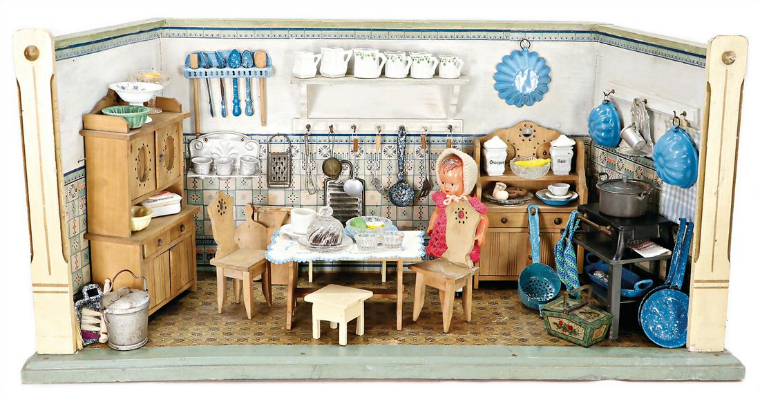 dollhouse kitchen, c. 1910, width: 75 cm, height: 37 cm, manufacturing work, old wallpaper at wall (1 of 1)