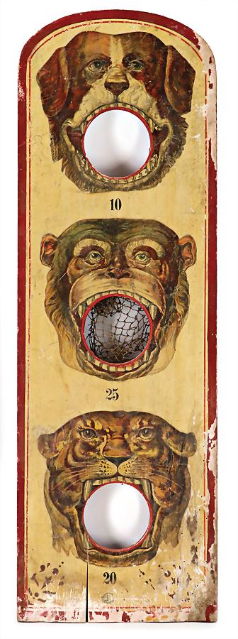 tossing game, wood, with lithographed paper stuck, nets are damaged or missing, loss of paint, down: tossing game, wood, with lithographed paper stuck, nets are damaged or missing, loss of paint, down below and at edge, around 1900, height: 85 cm German Description Wurfspiel, Holz, mit lithogr. Papie