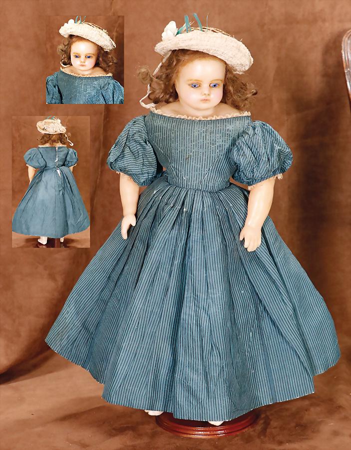 wax shoulder headed doll, around 1860, 48 cm, fix inset blue  glass eyes, closed mouth, head is (1 of 4)