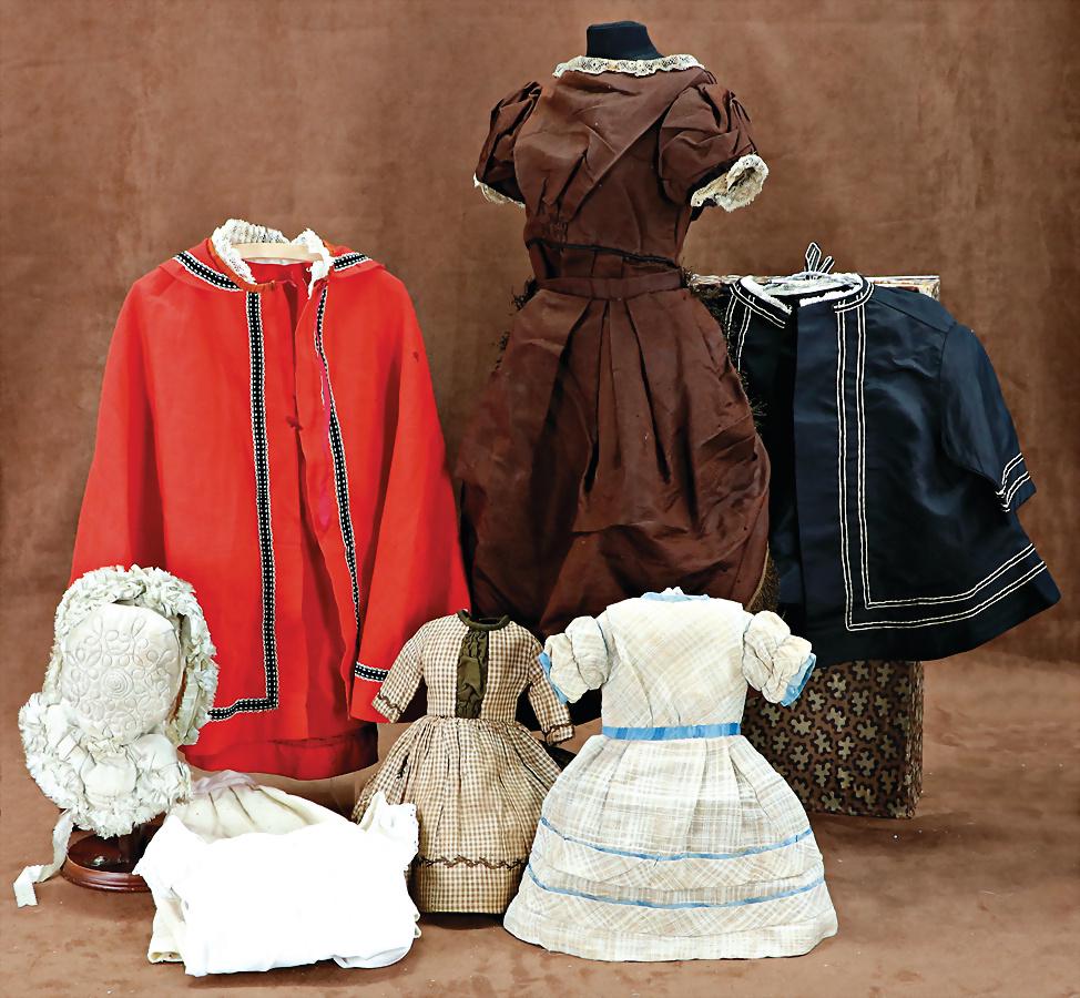 nice mixed lot of doll clothes, small and  medium sized dolls, c. 1880-1900, 1 hood, mostly good (1 of 1)