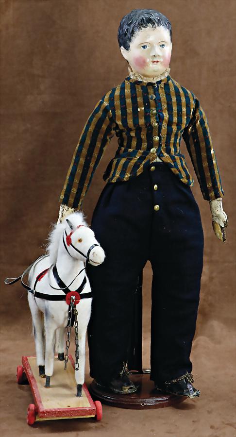 papier mâché shoulder headed doll, man, c. 1840, 51 cm, painted eyes, fine modelled hair, (1 of 2)