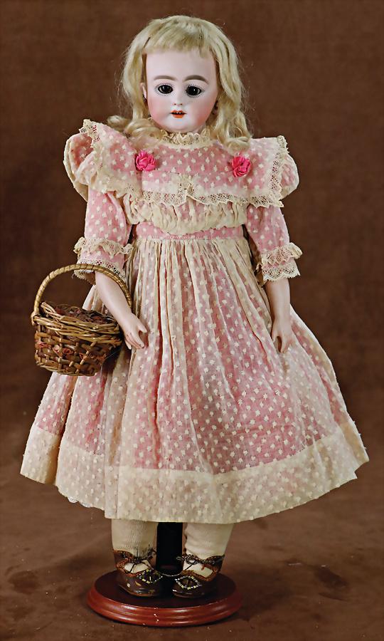 SIMON & HALBIG DEP, bisque porcelain shoulder headed doll, 41 cm, blue sleepy eyes, opened: SIMON & HALBIG DEP, bisque porcelain shoulder headed doll, 41 cm, blue sleepy eyes, opened mouth, upper teeth, pierced ears, leather body, porcelain forearms, old mohair wig, nice old clothes, und