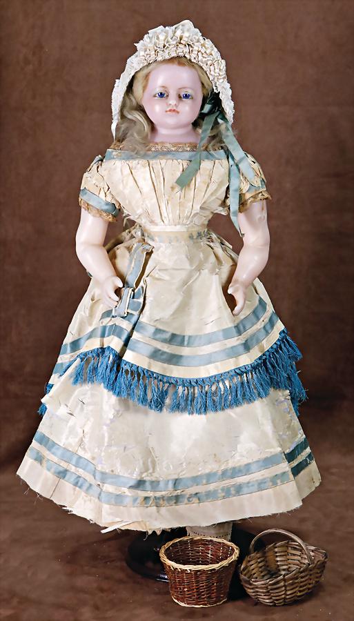 splendid wax shoulder headed doll, c. 1850, 67 cm, fix inset blue glass eyes, single inset: splendid wax shoulder headed doll, c. 1850, 67 cm, fix inset blue glass eyes, single inset mohair, fabric body, wax arms and -legs, cracks at the upper arm, splendid original silk dress, origina