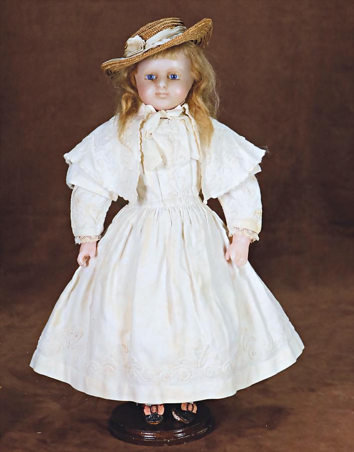 wax shoulder headed doll, type Montanari, c. 1860, 44 cm, fix inset blue  glass eyes, inset (1 of 2)