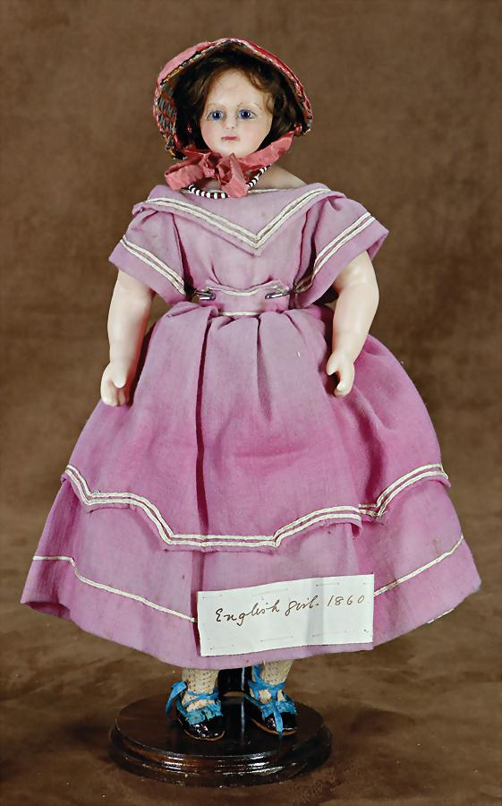 wax shoulder headed doll, 47 cm, fix inset blue glass eyes, closed mouth, fabric body, wax: wax shoulder headed doll, 47 cm, fix inset blue glass eyes, closed mouth, fabric body, wax arms and legs, small tender spot on the tip of the nose, inset mohair, c. 1860, original dress is parti