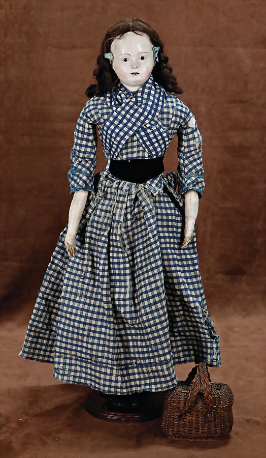 papier mâché shoulder headed doll, c. 1860, 60 cm, brown without pupil, fix inset glass: papier mâché shoulder headed doll, c. 1860, 60 cm, brown without pupil, fix inset glass eyes, opened mouth, 2 upper and lower teeth, real hair wig, leather body, old underwear, clothes and s