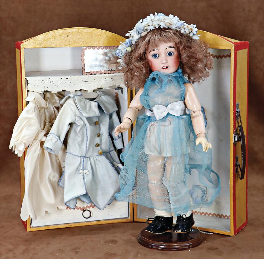 LIMOGES bisque porcelain head doll, France, 35 cm, socket head, blue sleepy eyes, opened mouth,: LIMOGES bisque porcelain head doll, France, 35 cm, socket head, blue sleepy eyes, opened mouth, upper teeth, pierced ears, jointed body with additional clothes German Description LIMOGES Biskuit-Porze