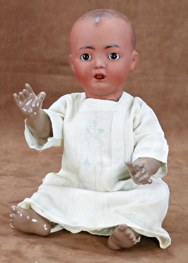 FRANZ, SCHMIDT & CO 1277-32X, colored, bisque porcelain character baby, brown sleepy eyes,: FRANZ, SCHMIDT & CO 1277-32X, colored, bisque porcelain character baby, brown sleepy eyes, opened mouth, teeth and tongue, pierced nostrils, please note that it is risky to transport the eye mecha