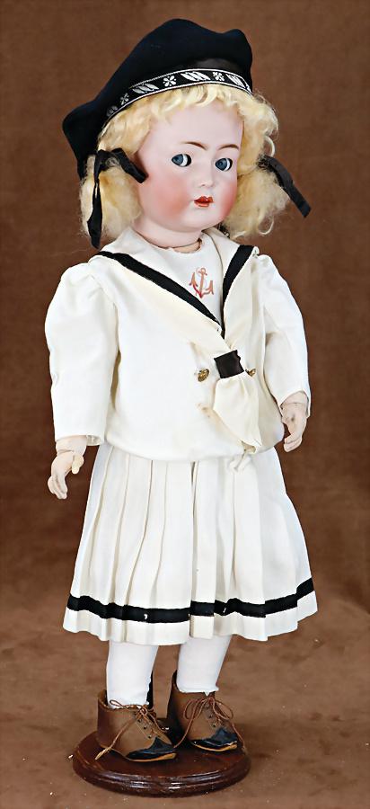 KÄMMER & REINHARDT 117-N, 52 cm, socket head, blue impish eyes, opened mouth, teeth and: KÄMMER & REINHARDT 117-N, 52 cm, socket head, blue impish eyes, opened mouth, teeth and tongue, wig pull, nice thick old mohair wig, original-Toddler-body with pulled up knee joints, rubber h