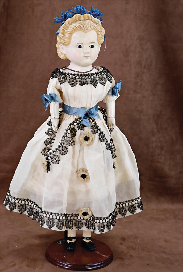 Pumpkin-Head, Thuringia for the English market, wax shoulder headed doll, modelled ears and nose,: Pumpkin-Head, Thuringia for the English market, wax shoulder headed doll, modelled ears and nose, fix inset black glass eyes, with modelled wonderful hairstyle, and hairband, ws probably colorwise at 