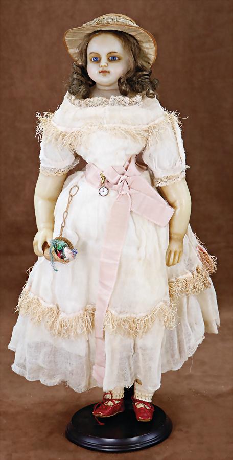 early, English wax shoulder headed doll, around 1860, inset, curly real hair, fix inset blue : early, English wax shoulder headed doll, around 1860, inset, curly real hair, fix inset blue glass eyes, closed mouth, slightly chubby-cheeked, suggested double chin, wax forearms, and legs, fab