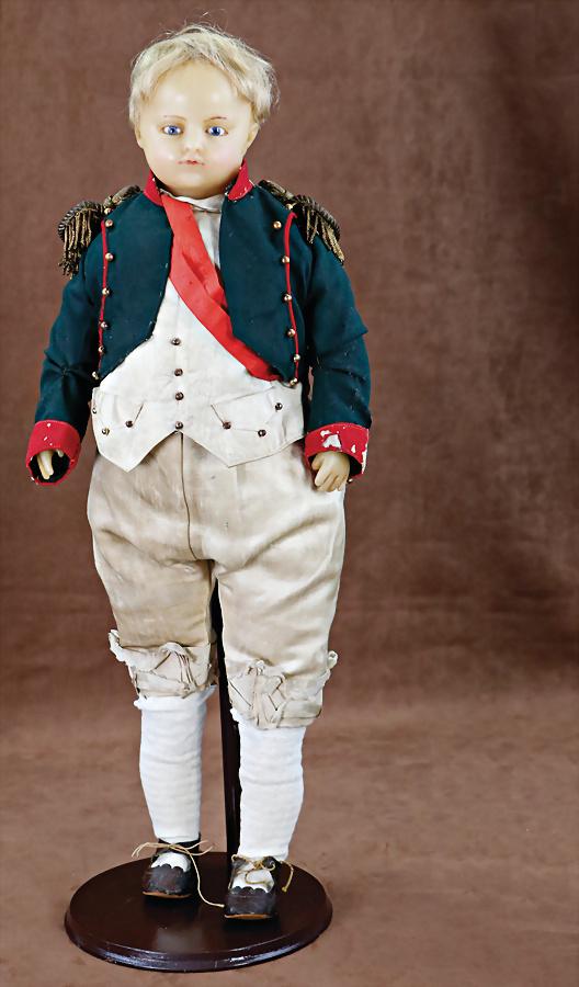 probably PIROTTI English wax shoulder headed doll, young soldier, fix inset blue glass eyes,: probably PIROTTI English wax shoulder headed doll, young soldier, fix inset blue glass eyes, closed mouth, modelled ears, inset real hair, 60 cm, original silk /felt uniform, smaller holes in th