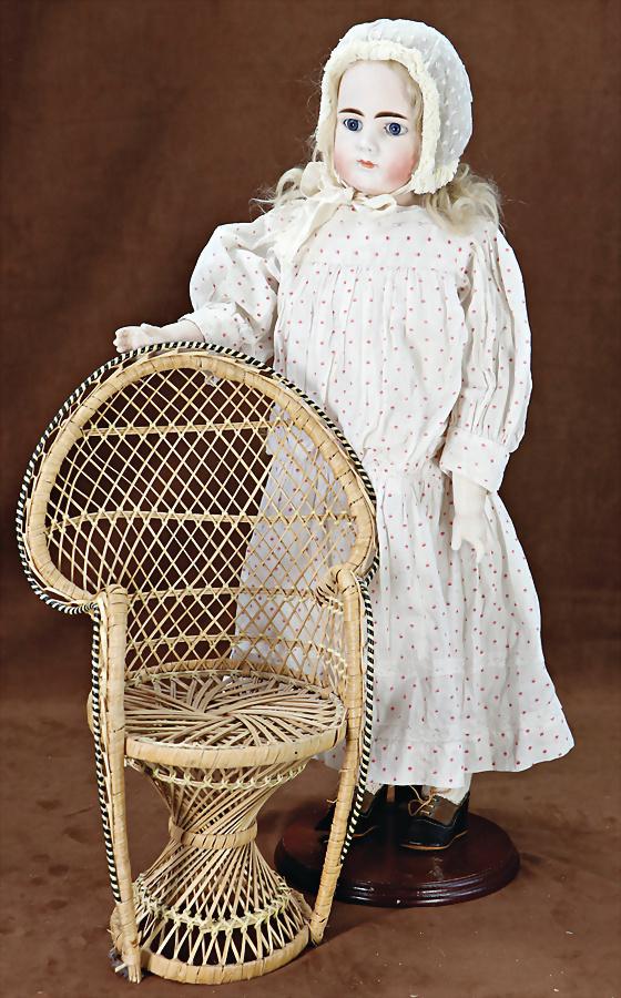 bisque porcelain shoulder headed doll, Belton-type, 62 cm, fix inset blue glass eyes, oilcloth: bisque porcelain shoulder headed doll, Belton-type, 62 cm, fix inset blue glass eyes, oilcloth body, porcelain forearms, body was partially repaired, old mohair wig, old clothes and shoes German