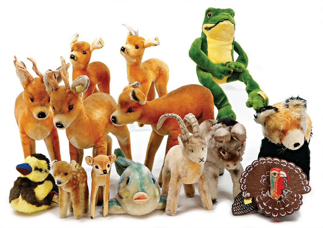 STEIFF mixed lot of forest animals, among it donkey, fish, stag, '50s, with button and  cloth tag (1 of 1)