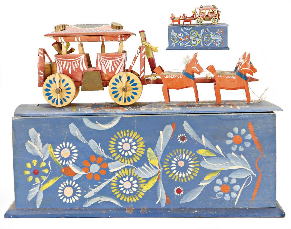 wedding coach, wood, colored, in original wooden box, 25 cm German Description Hochzeitskutsche,: wedding coach, wood, colored, in original wooden box, 25 cm German Description Hochzeitskutsche, Holz, farbig gefasst, in orig. Holzkiste, 25 cm