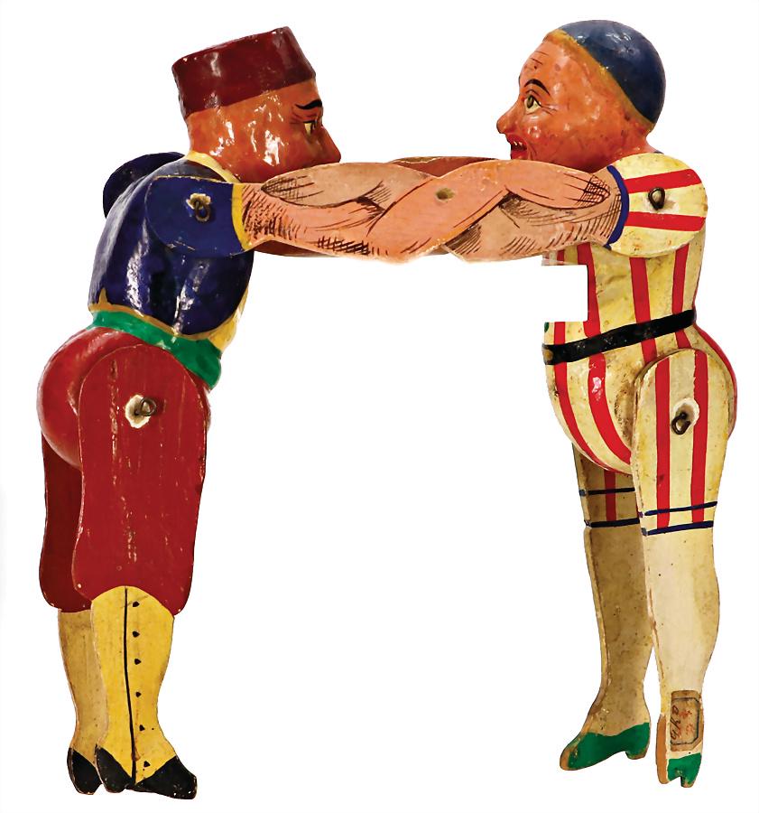 wrestling figures, wood, colored, height: 20 cm, exceptional size, 1 tiptoe is missing German: wrestling figures, wood, colored, height: 20 cm, exceptional size, 1 tiptoe is missing German Description Ringende Figuren, Holz, farbig gefasst, H: 20 cm, außergew. Gr., 1 Fußspitze fehlt