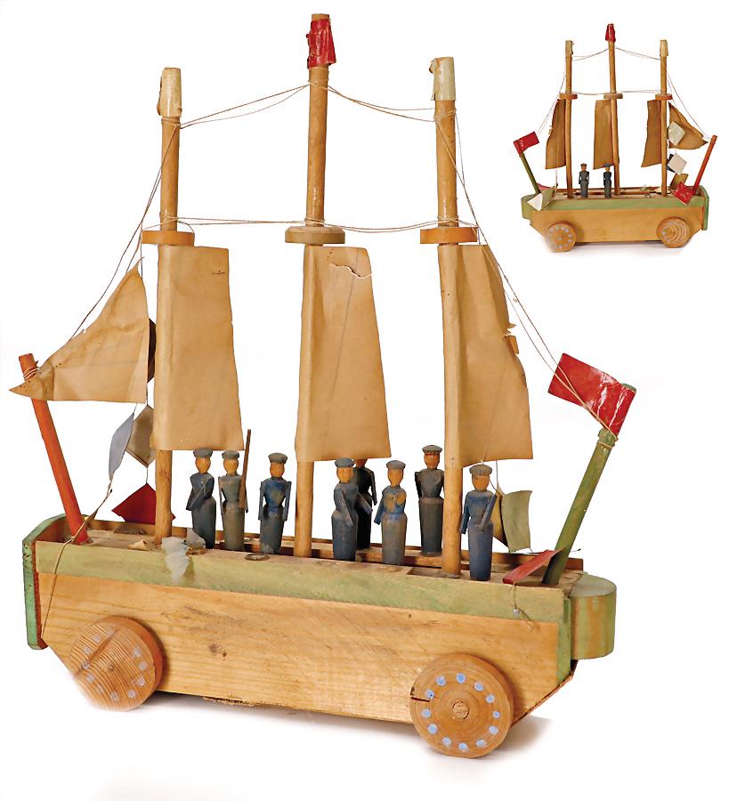ship, wood, early, 25 cm, some figures are loose enclosed, small faults at the sails German: ship, wood, early, 25 cm, some figures are loose enclosed, small faults at the sails German Description Schiff, Holz, früh, 25 cm, einige Figuren liegen lose bei, kl. Fehler an den Segeln