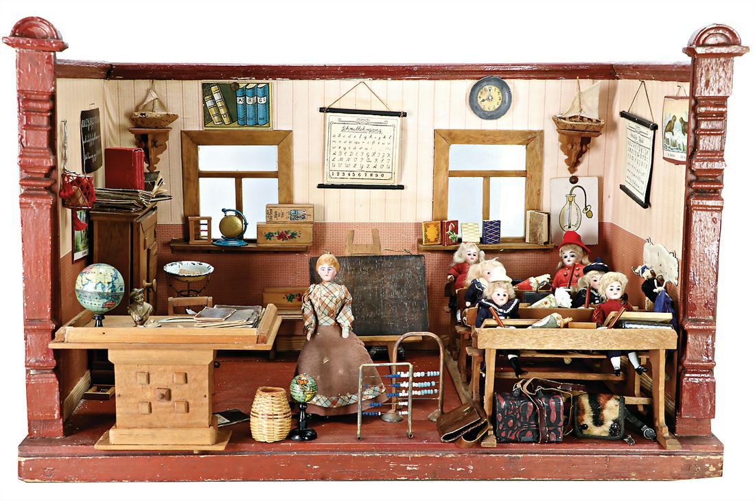 dollhouse school, width: 60 cm, height: 36 cm, case was retouched, furnished, richly accessories,: dollhouse school, width: 60 cm, height: 36 cm, case was retouched, furnished, richly accessories, with dolls German Description Puppenstuben-Schule, B: 60 cm, H: 36 cm, Gehäuse überarbeitet,