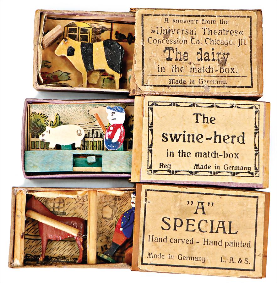 ERZGEBIRGE 3 pieces, matchbox, cow, farmer with horse, 1 swine-herd, jointed figure, rare   German (1 of 1)