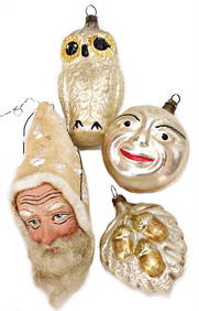 Christmas tree decoration, Santa Claus head, mass, cotton wool hat, owl, glass, 2 faces ball, acorns (1 of 1)