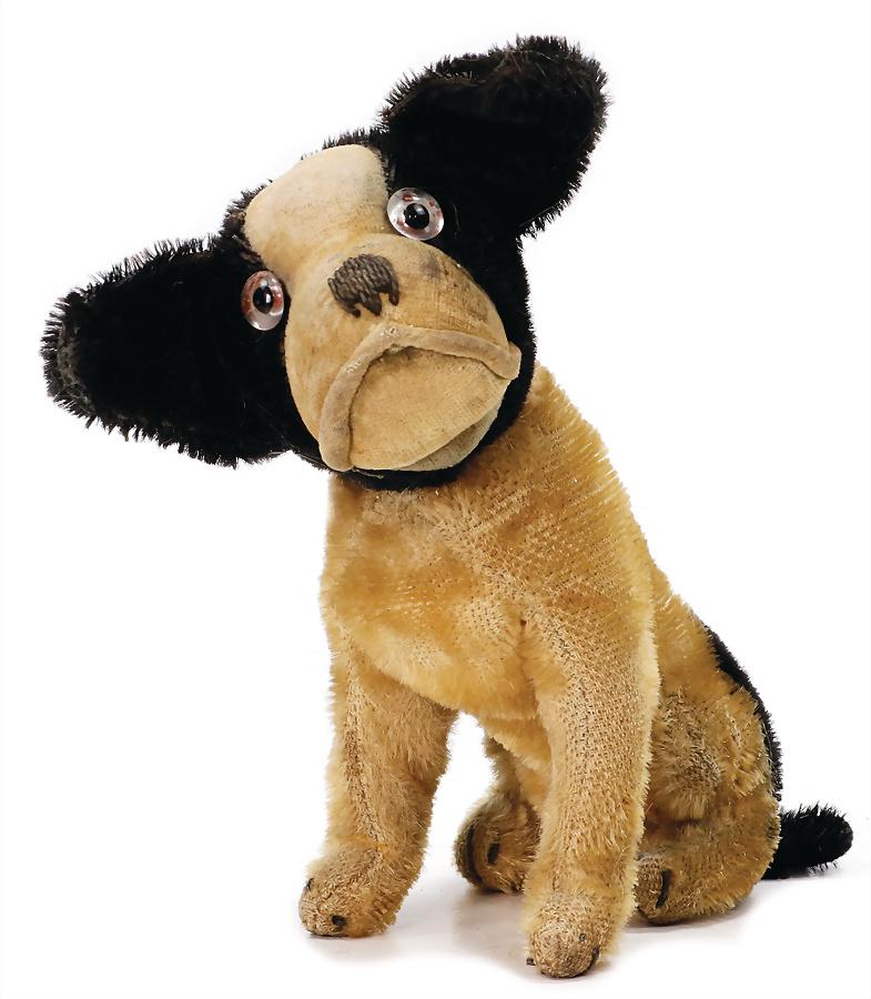 STEIFF dog, Bully, sitting, black / white mohair, produced 1927-1938, swivel head, 13 cm, with (1 of 3)
