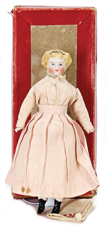 SIMON & HALBIG bisque porcelain shoulder headed doll, blue painted eyes, closed mouth, blond,: SIMON & HALBIG bisque porcelain shoulder headed doll, blue painted eyes, closed mouth, blond, modeled hair, up-painted bow, bisque hands, fingertips are break off, bisque legs, modelled shoes and