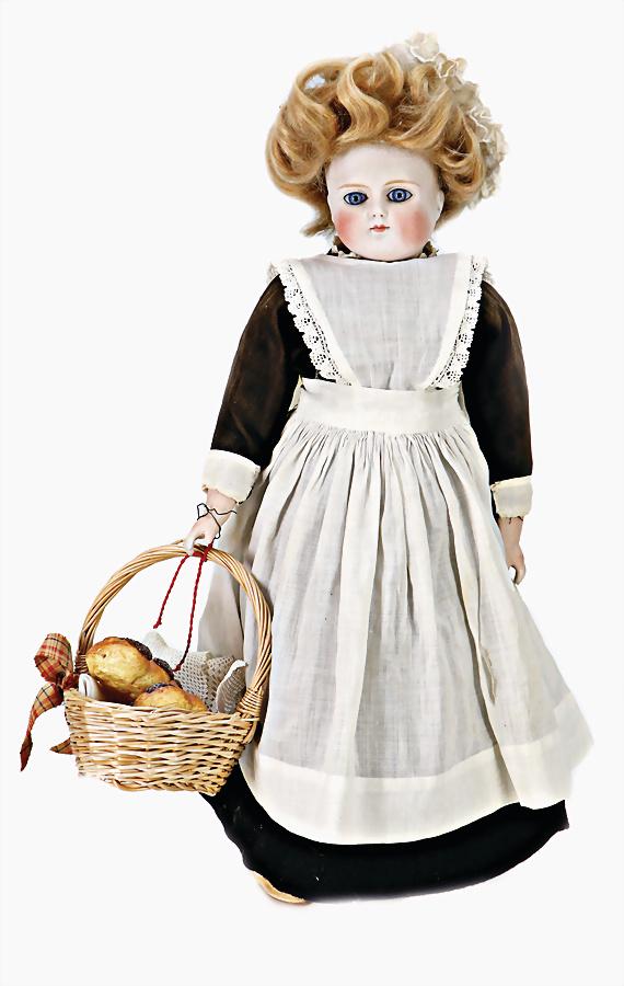 KESTNER bisque porcelain shoulder headed doll, full head, fix inset blue glass eyes, closed: KESTNER bisque porcelain shoulder headed doll, full head, fix inset blue glass eyes, closed mouth, bisque forearms, porcelain at the fingers is knocked, stitched down leather body, old clothes,