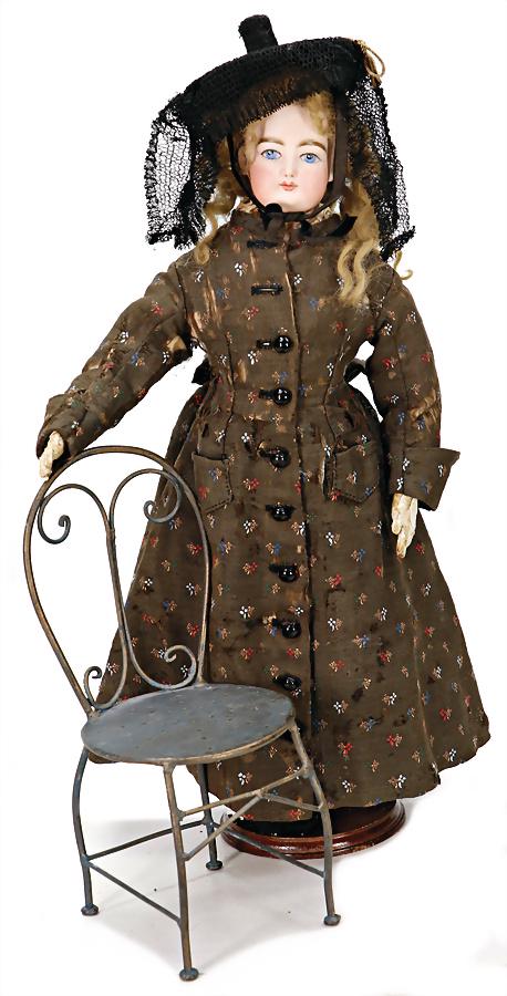 fashion doll, France, shoulder headed doll, 45 cm, blue painted eyes, pierced ears, leather body,: fashion doll, France, shoulder headed doll, 45 cm, blue painted eyes, pierced ears, leather body, retouched body, was partially over sewed, wig is more recent, original clothes, partially worn German 