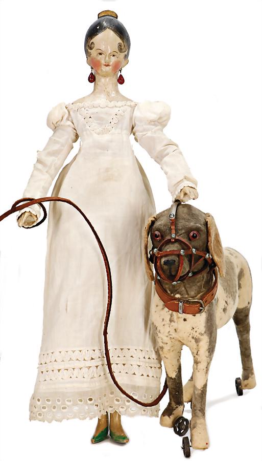GRÖDNERTAL high-quality doll with wood joints, from the Val Gardena, Empire, around 1815, black: GRÖDNERTAL high-quality doll with wood joints, from the Val Gardena, Empire, around 1815, black hair with the typical side curls, golden hooked comb, original, glass earrings, high waist, light g