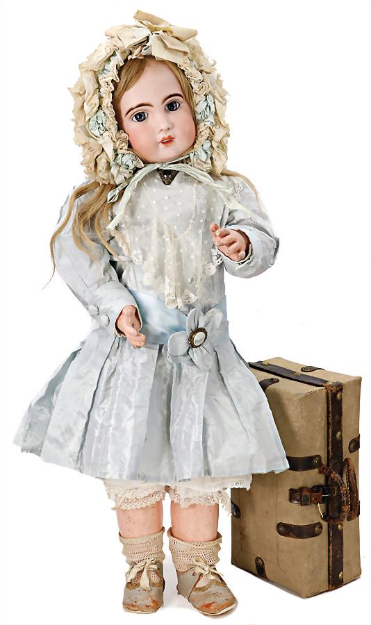 JUMEAU bisque porcelain socket head, French Bébé, marked 1907 No. 12, light blue, fix: JUMEAU bisque porcelain socket head, French Bébé, marked 1907 No. 12, light blue, fix inset paperweight eyes, opened mouth, line of upper teeth, pierced ears, French jointed body, 1x over pa