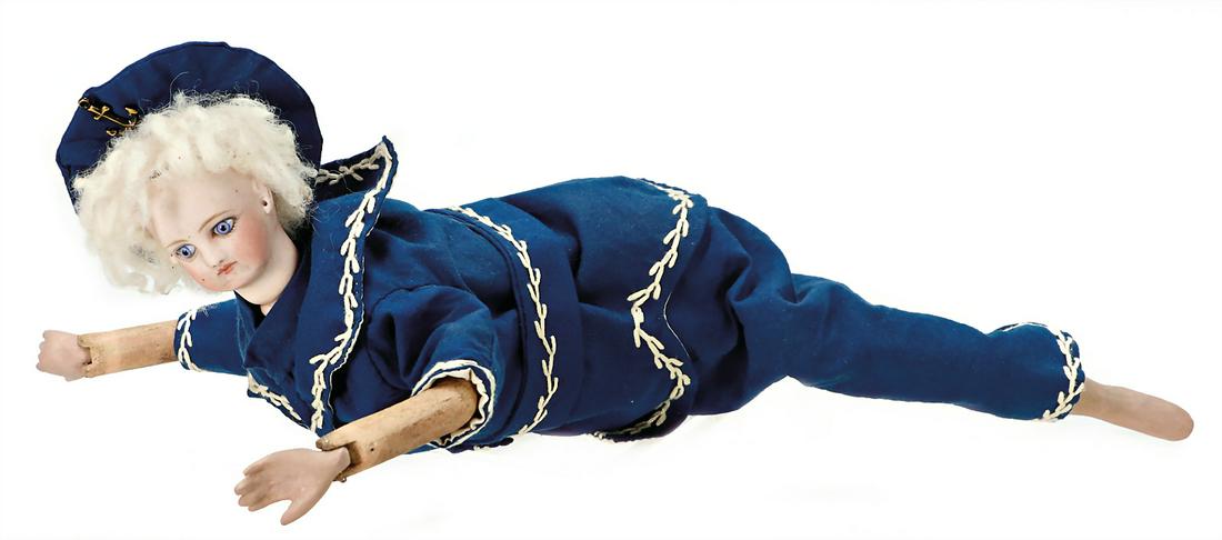 French swimmer doll, bisque porcelain socket head, closed mouth, pierced ears, fix inset light blue (1 of 3)