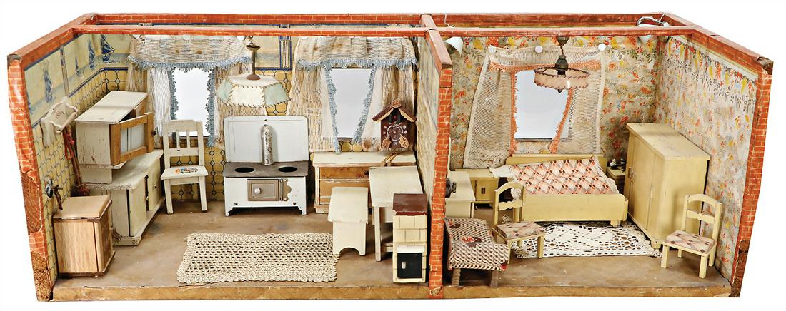 2-pieces dollhouse room, kitchen and  bedroom, c. '30s-'40s, width: 76 cm, height: 26 cm, 3 windows, (1 of 1)