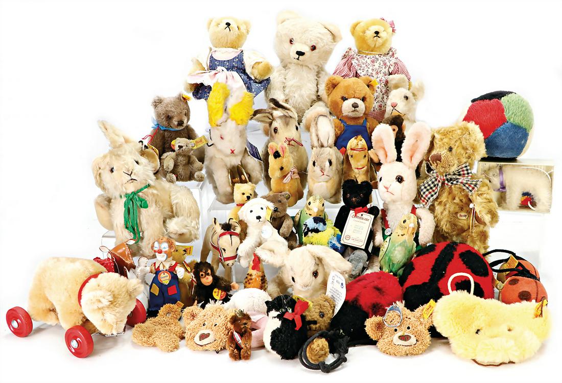 big mixed lot STEIFF and others manufacturers, '50s, hare, cock, 1x Clowny, with breast sign, and (1 of 1)