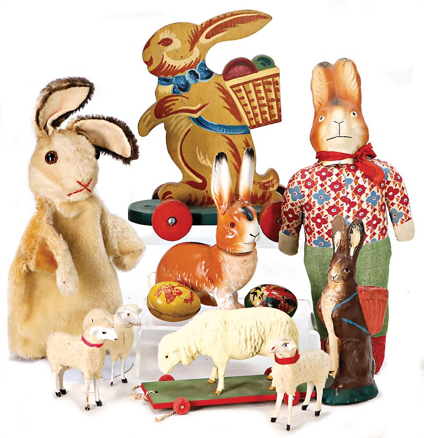mixed lot of hares, candy container, 1 hare with removable head, dressed, standing, mass head, 30: mixed lot of hares, candy container, 1 hare with removable head, dressed, standing, mass head, 30 cm, and 1 mass hare on 4 paws, head resp. ears and 1 foot were glued, 17 cm, 1 hare on wooden rolls, 2