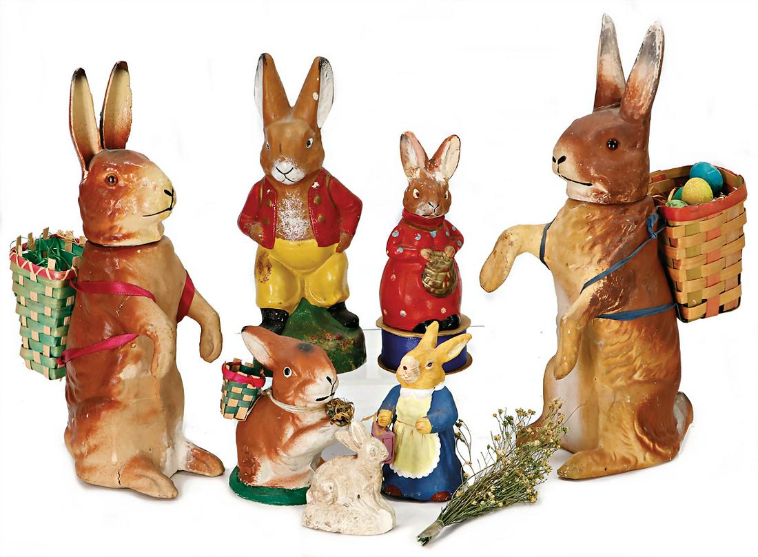 mixed lot of hares, candy container, mass, age?, 2x attending hare, 23 cm, head is removable, with (1 of 1)