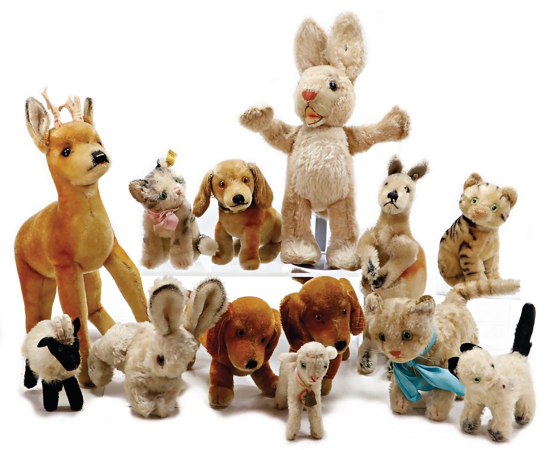 mostly STEIFF mixed lot of cats, hare, dogs, kangaroo, without child, 13 pieces, used - good, (1 of 1)