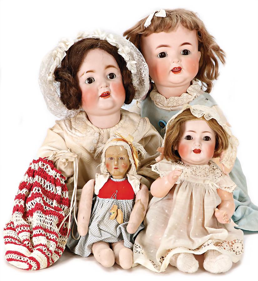 mixed lot of dolls, bisque porcelain socket head, 1x HEUBACH KÖPPELSDORF, baby, marked 342.11: mixed lot of dolls, bisque porcelain socket head, 1x HEUBACH KÖPPELSDORF, baby, marked 342.11 Germany, brown sleepy eyes, opened mouth, 2 upper teeth, mass baby with sitting body, c. 62 cm, pleas