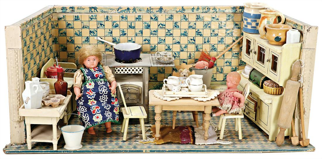 dollhouse- kitchen, width: 61 cm, height: 25 cm, Delfter tile pattern, furnished with stove and (1 of 1)