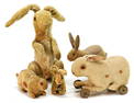 mixed lot of hares, 1x attending hare, yellow mohair plush, 29 cm, probably no STEIFF, jointed arms,