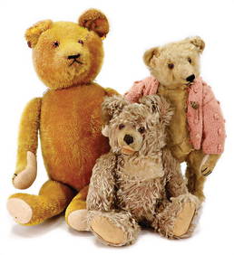 mixed lot of bears, among it 1x STEIFF bear, corn colored, c. 1925, with button, block letters, long (1 of 1)